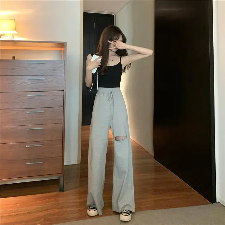 Ripped Wide Leg Pants Women Spring Summer Loose High Waist Casual Pants — feature 7