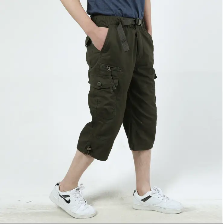 Men's Capri Pants Multi-Pocket Cotton Olive Green - Image 4