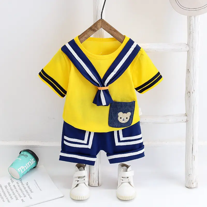 Korean Boys Navy Blue T-Shirt Shorts Set Summer Sports - Image 2