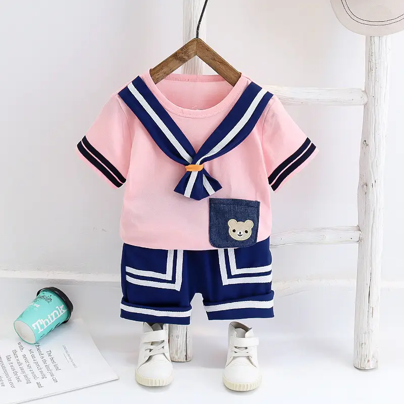 Korean Boys Navy Blue T-Shirt Shorts Set Summer Sports - Image 3