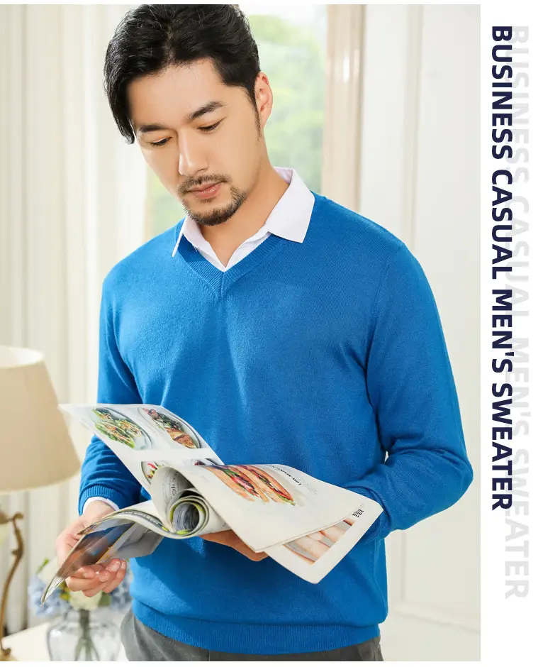 Wholesale V-neck men's sweater black solid color — feature 14