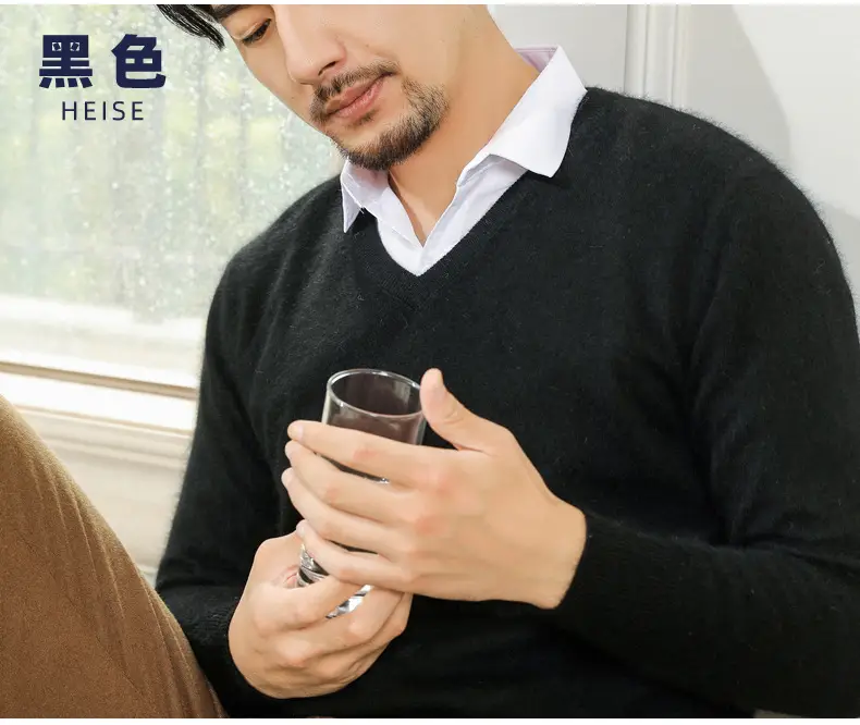 Wholesale V-neck men's sweater black solid color — feature 16