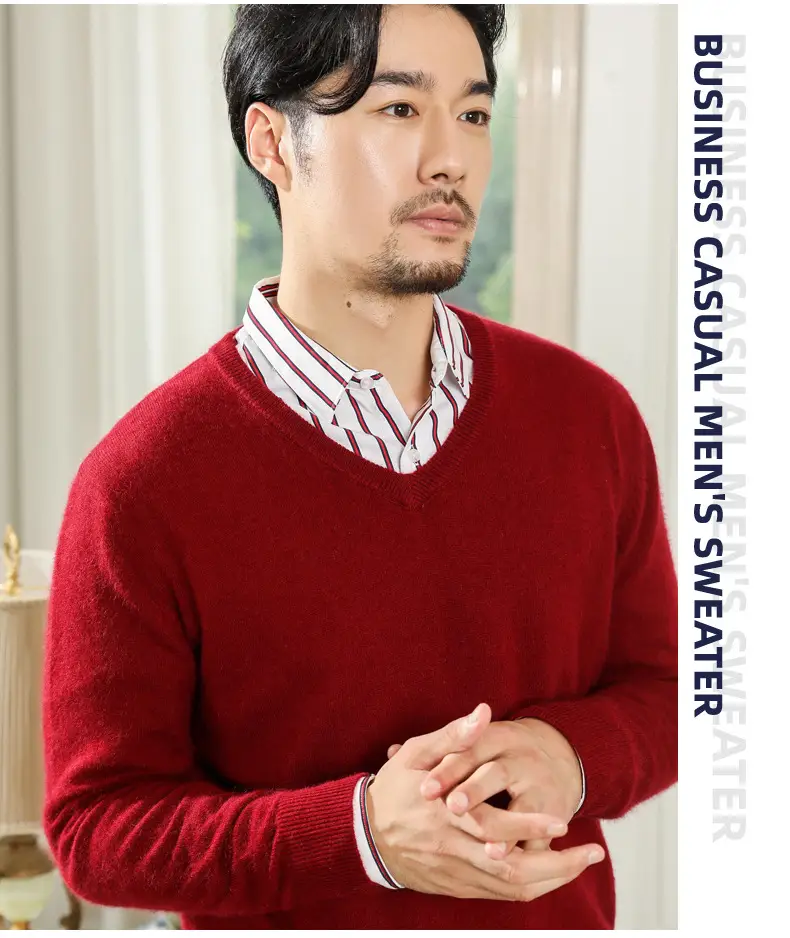 Wholesale V-neck men's sweater black solid color — feature 20