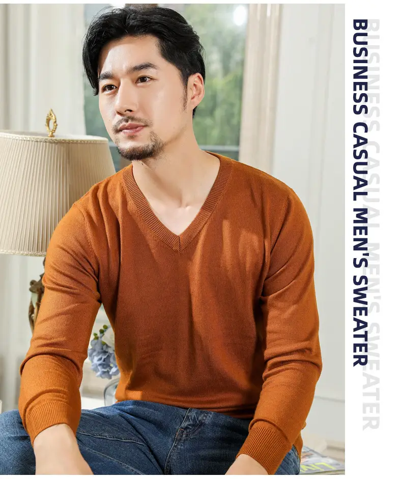 Wholesale V-neck men's sweater black solid color — feature 26