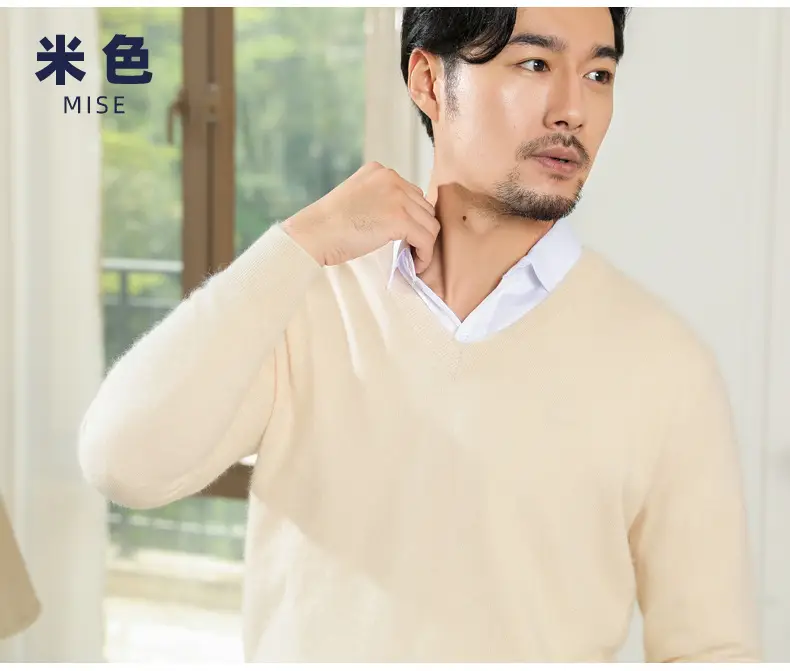 Wholesale V-neck men's sweater black solid color — feature 28