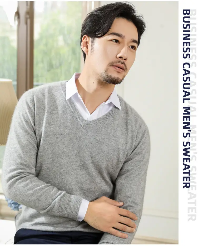 Wholesale V-neck men's sweater black solid color — feature 38