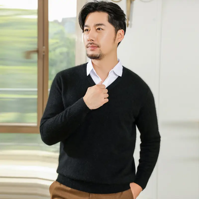 Wholesale V-neck men's sweater black solid color - Image 2