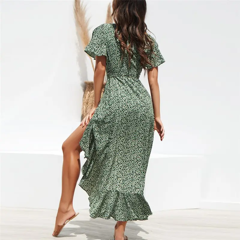 2024 Sexy V-Neck Chiffon Printed Dress Yellow