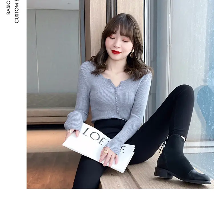 Women V-Neck Knitted Sweater 2023 Autumn Slim Fit — feature 12
