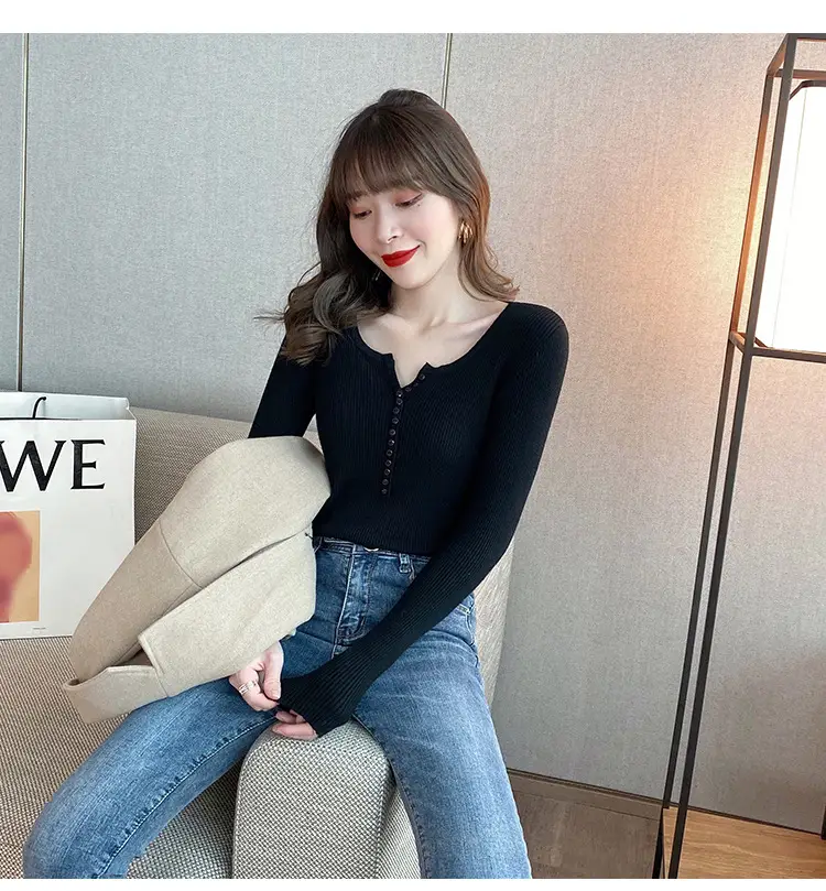 Women V-Neck Knitted Sweater 2023 Autumn Slim Fit — feature 15