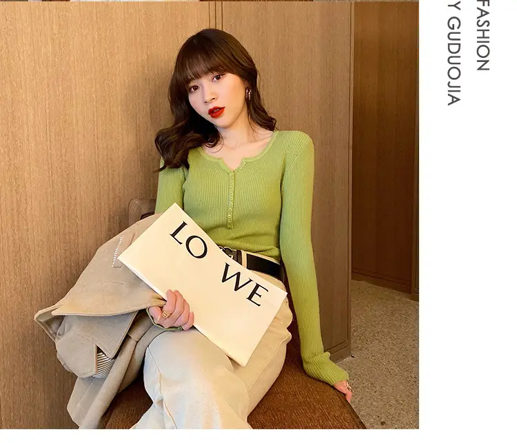 Women V-Neck Knitted Sweater 2023 Autumn Slim Fit — feature 27