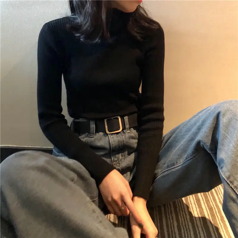 Black Slim Fit High Collar Long Sleeve Top for Women — feature 10