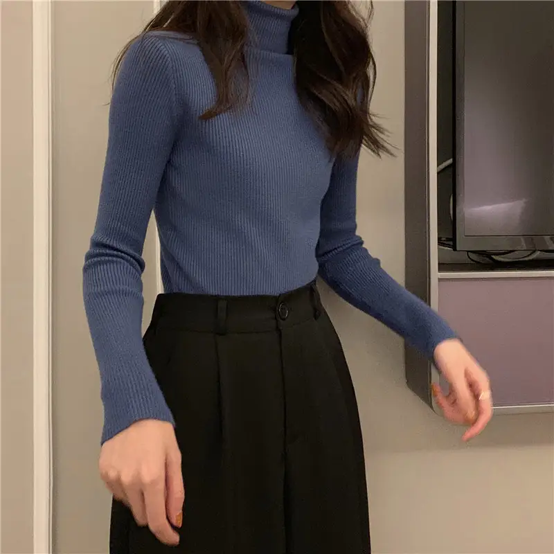 Black Slim Fit High Collar Long Sleeve Top for Women — feature 19