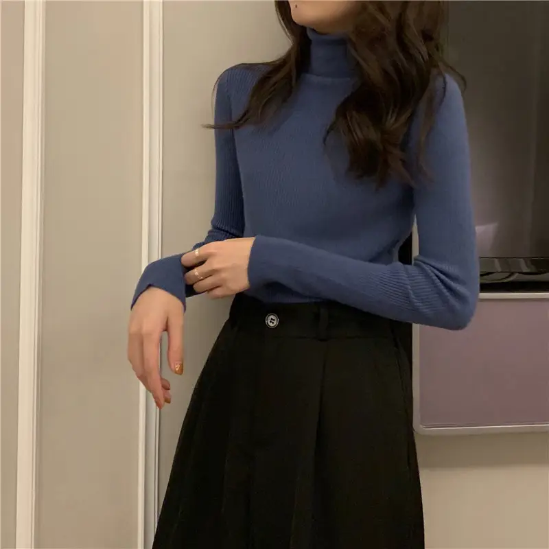 Black Slim Fit High Collar Long Sleeve Top for Women — feature 20