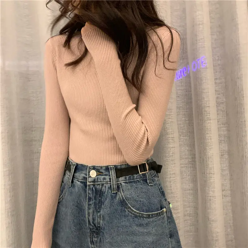 Black Slim Fit High Collar Long Sleeve Top for Women — feature 23