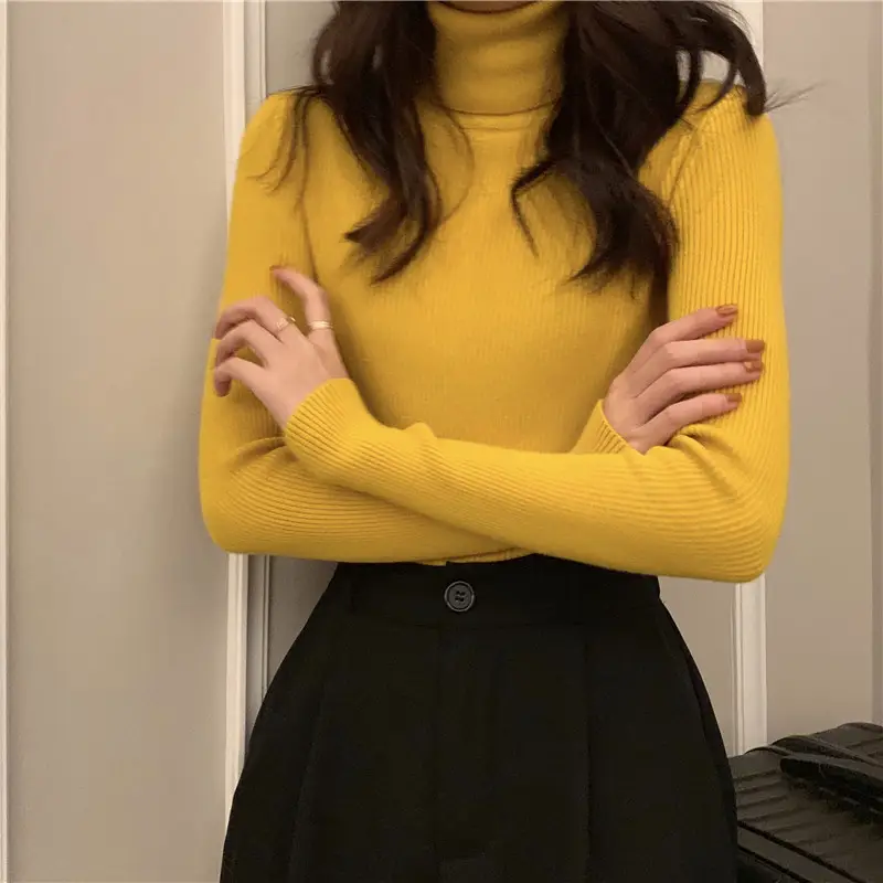 Black Slim Fit High Collar Long Sleeve Top for Women - Image 8