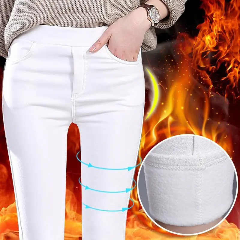Women White Fleece Leggings Winter Warm Tight Stretch - Image 7