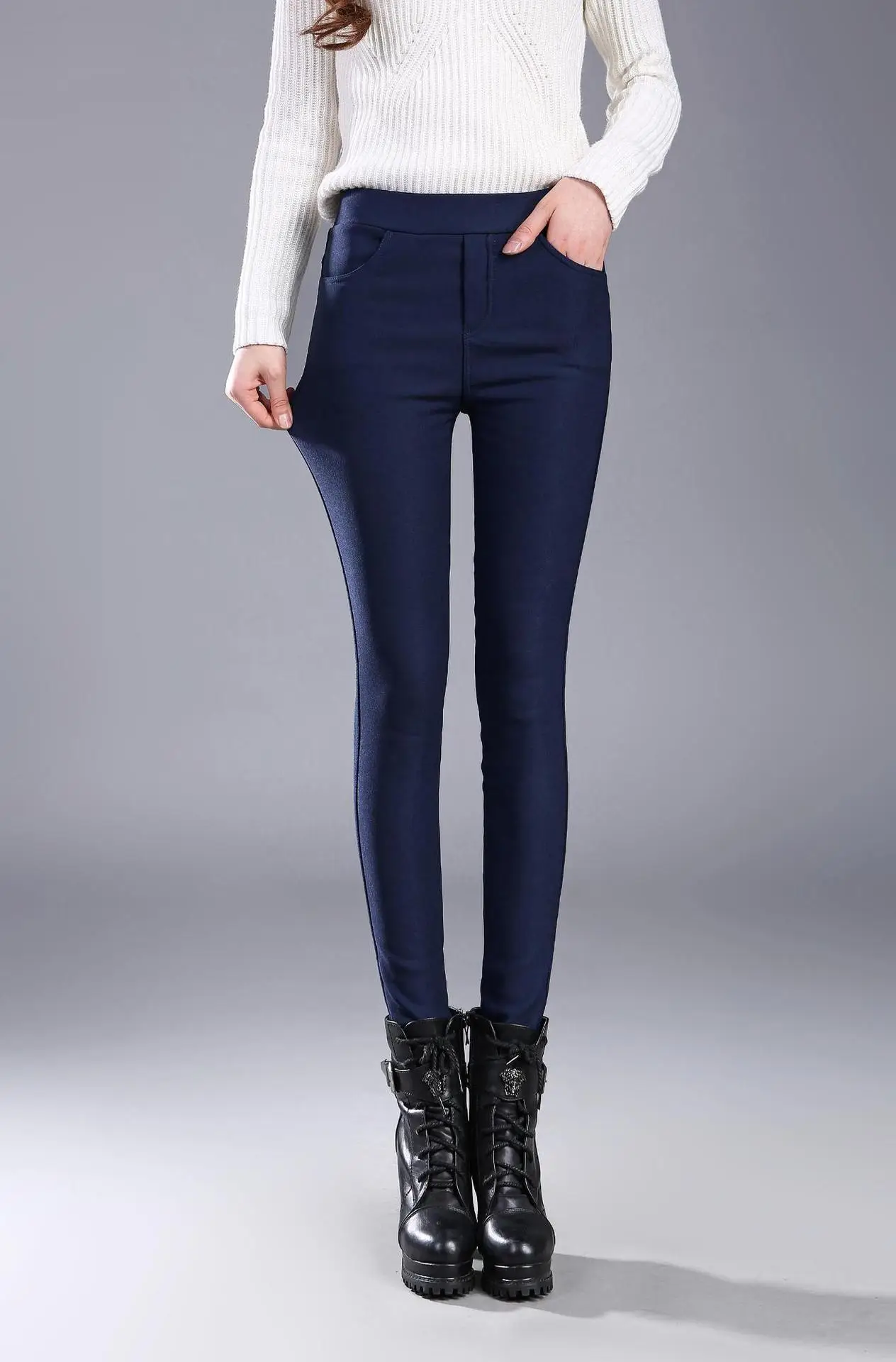Women White Fleece Leggings Winter Warm Tight Stretch - Image 4
