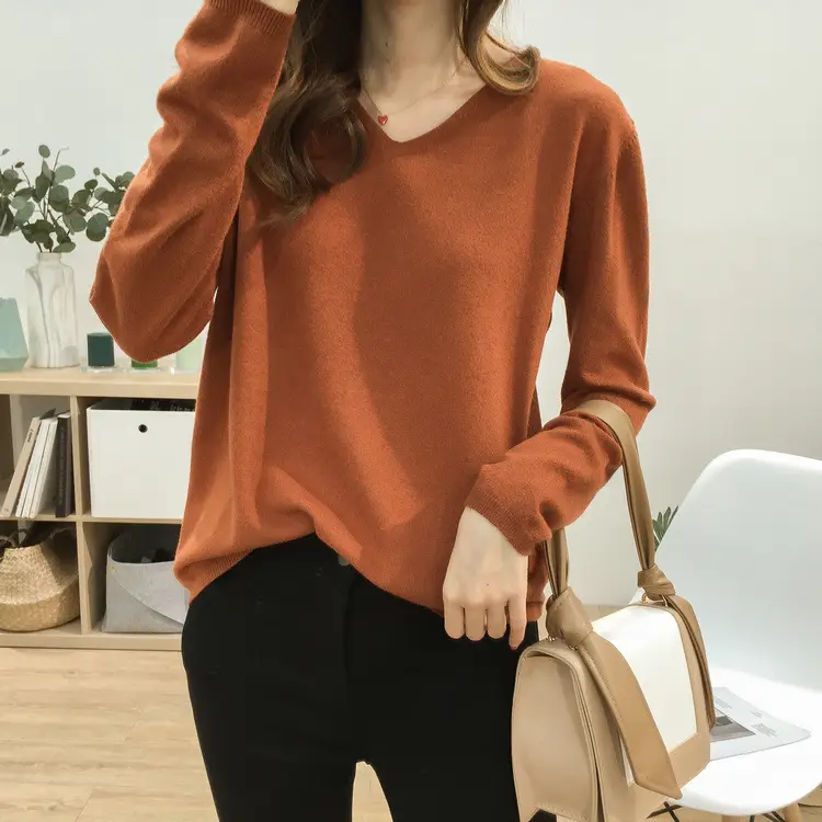 Women's V-neck Knit Sweater Long Sleeve Solid Color - Image 13