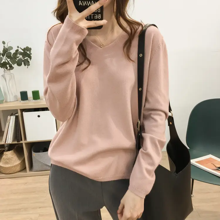 Women's V-neck Knit Sweater Long Sleeve Solid Color - Image 14