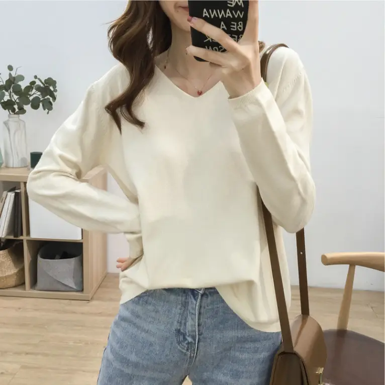 Women's V-neck Knit Sweater Long Sleeve Solid Color - Image 15