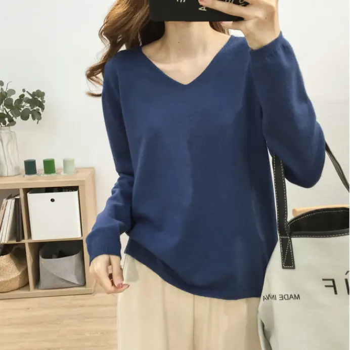 Women's V-neck Knit Sweater Long Sleeve Solid Color - Image 10