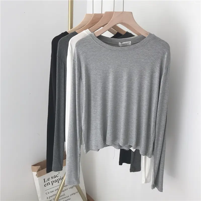 Women Loose Long Sleeve T-Shirt Grey Modal - Image 5