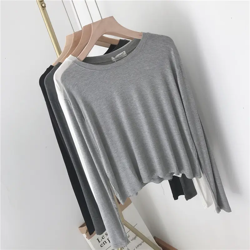Women Loose Long Sleeve T-Shirt Grey Modal - Image 6