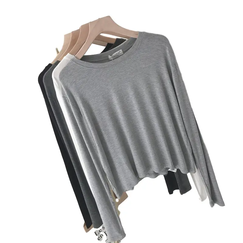 Women Loose Long Sleeve T-Shirt Grey Modal - Image 9
