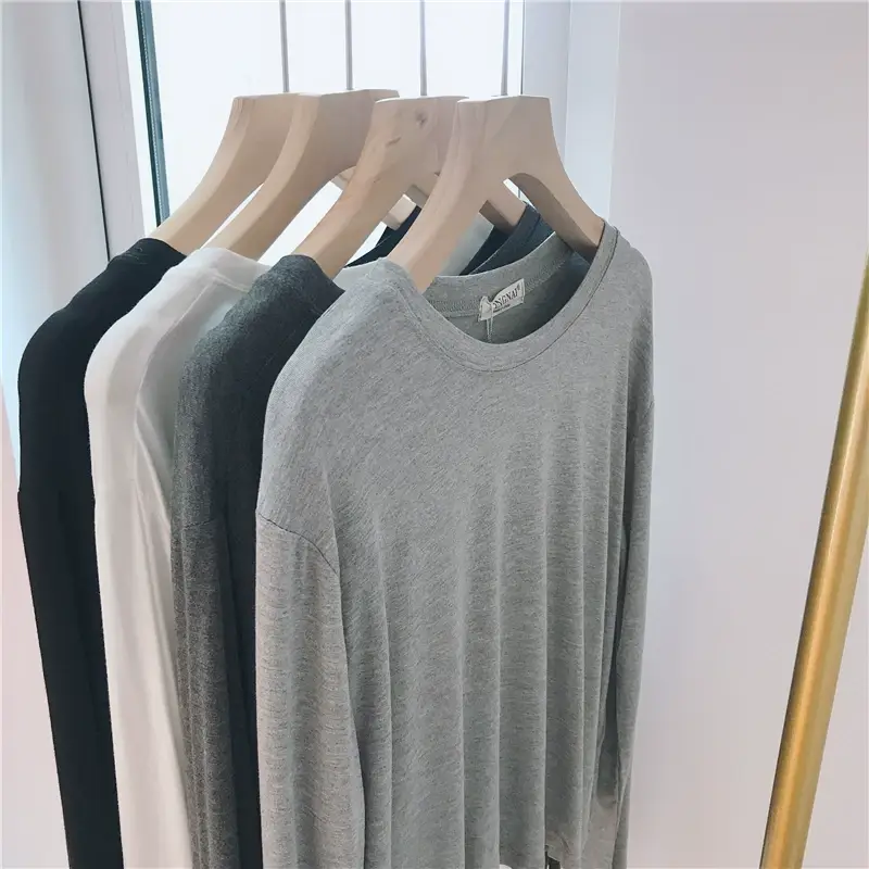 Women Loose Long Sleeve T-Shirt Grey Modal — feature 13