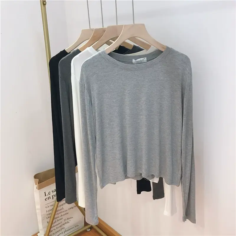 Women Loose Long Sleeve T-Shirt Grey Modal — feature 15