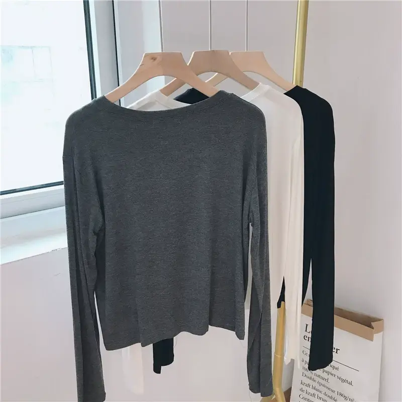 Women Loose Long Sleeve T-Shirt Grey Modal — feature 7