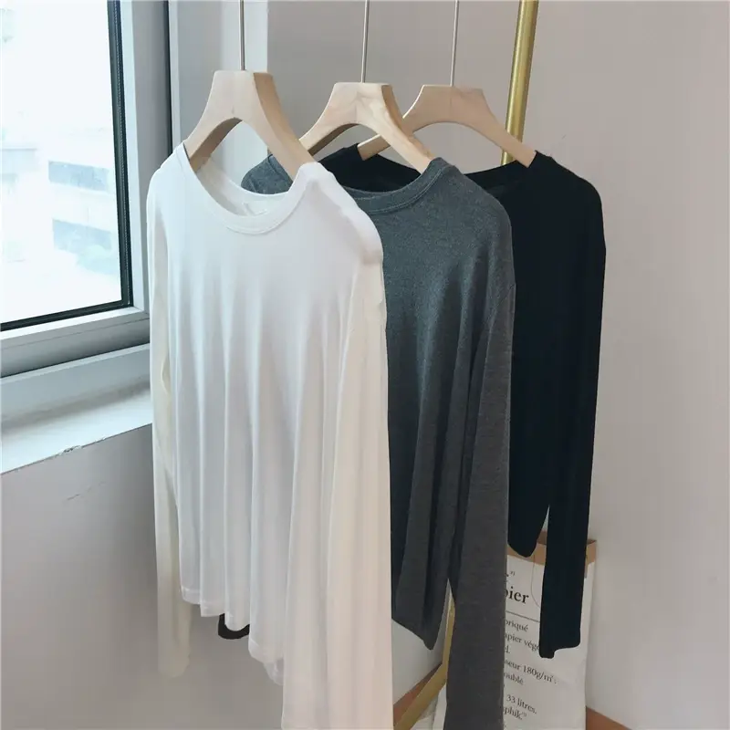 Women Loose Long Sleeve T-Shirt Grey Modal — feature 8