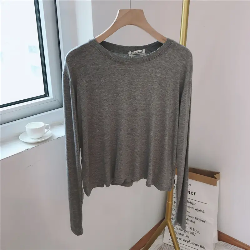 Women Loose Long Sleeve T-Shirt Grey Modal - Image 3