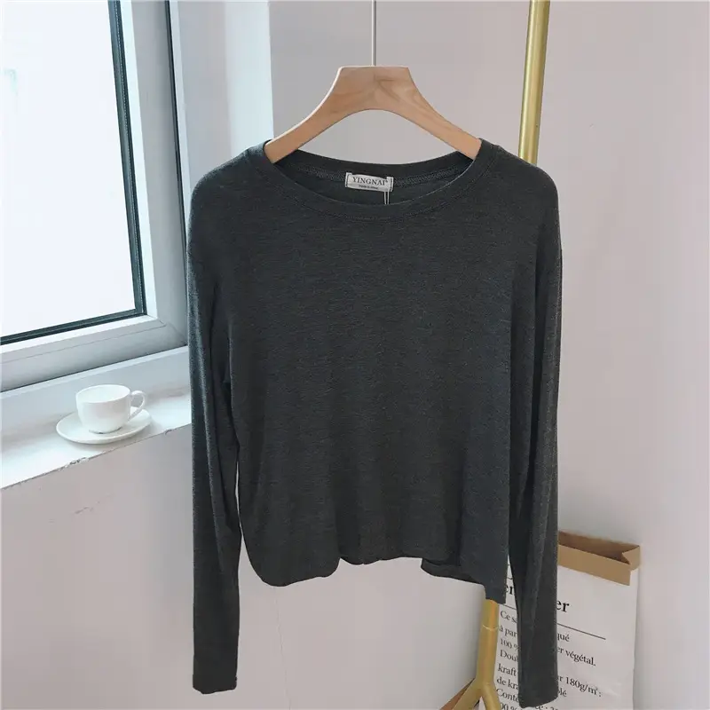 Women Loose Long Sleeve T-Shirt Grey Modal - Image 4