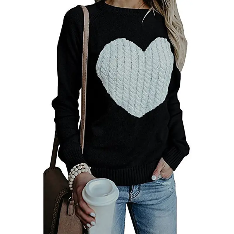 Women Heart Knitted Pullover Sweater Black Long Sleeve - Image 8