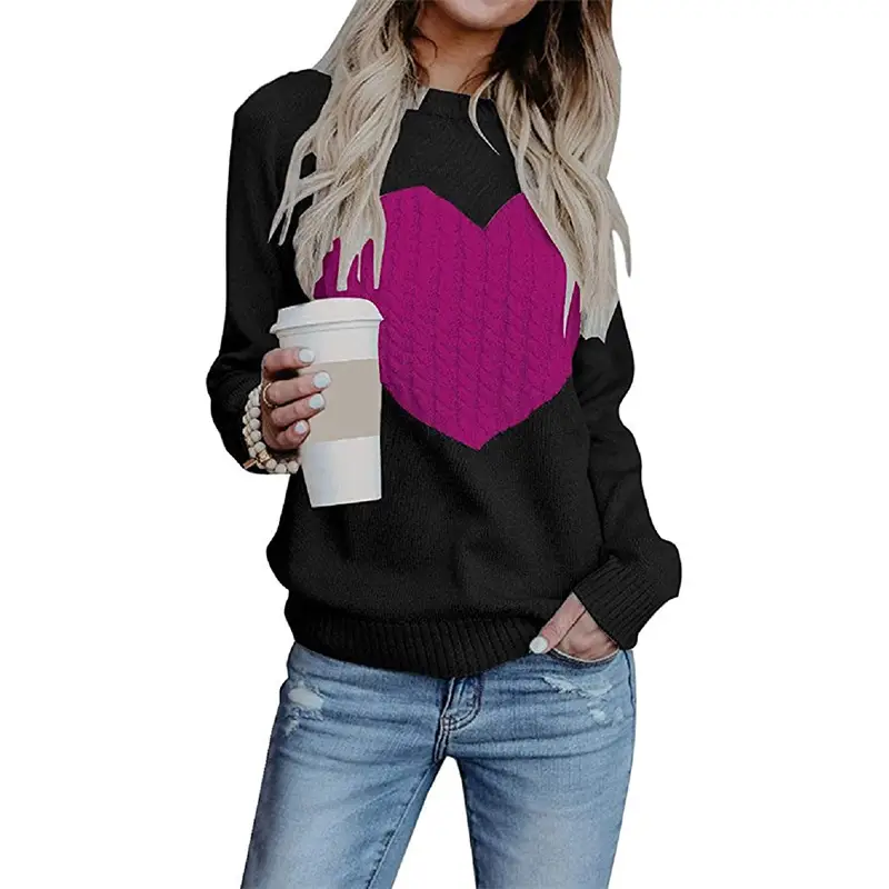 Women Heart Knitted Pullover Sweater Black Long Sleeve - Image 9