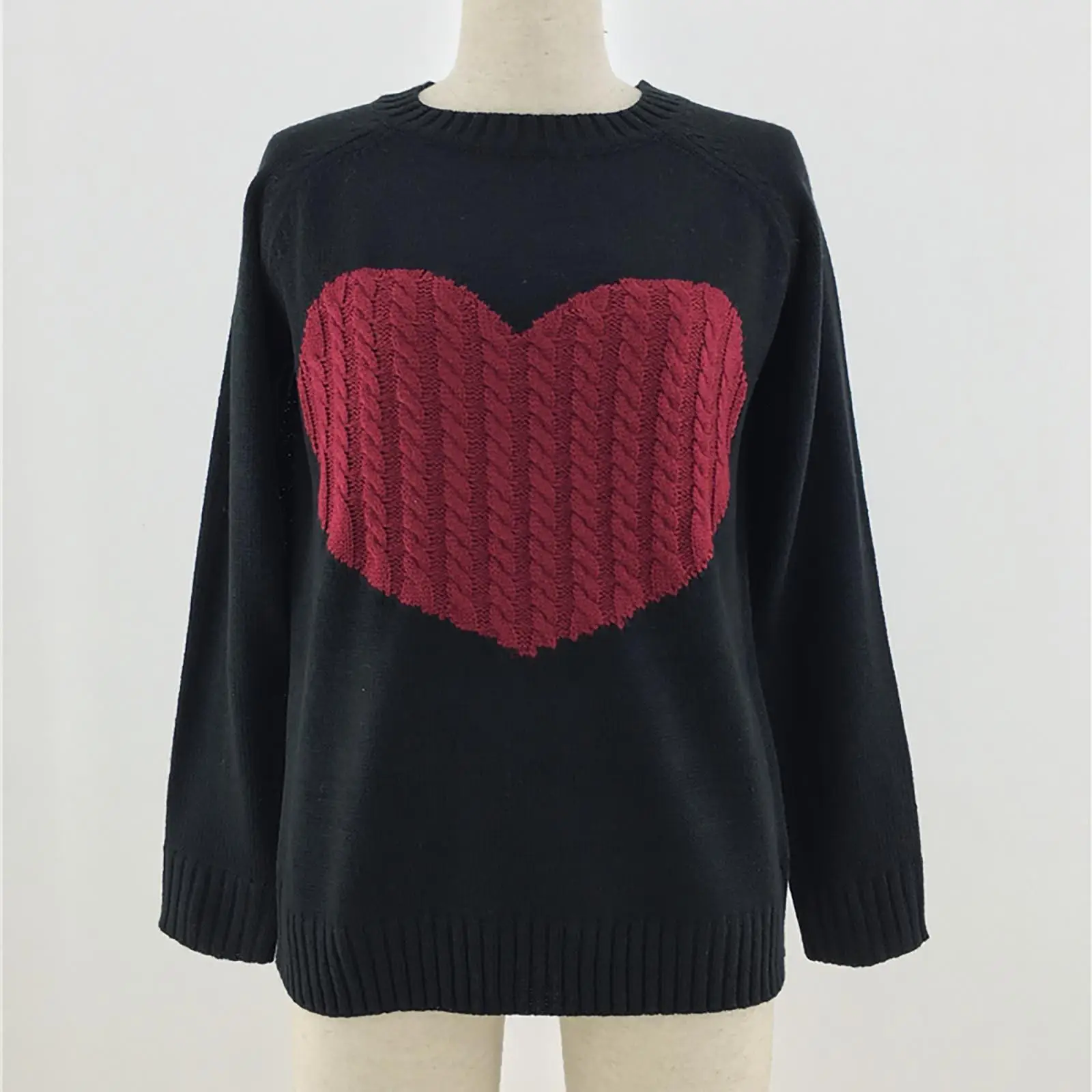 Women Heart Knitted Pullover Sweater Black Long Sleeve — feature 11