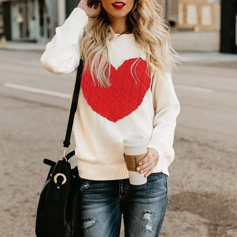 Women Heart Knitted Pullover Sweater Black Long Sleeve — feature 4