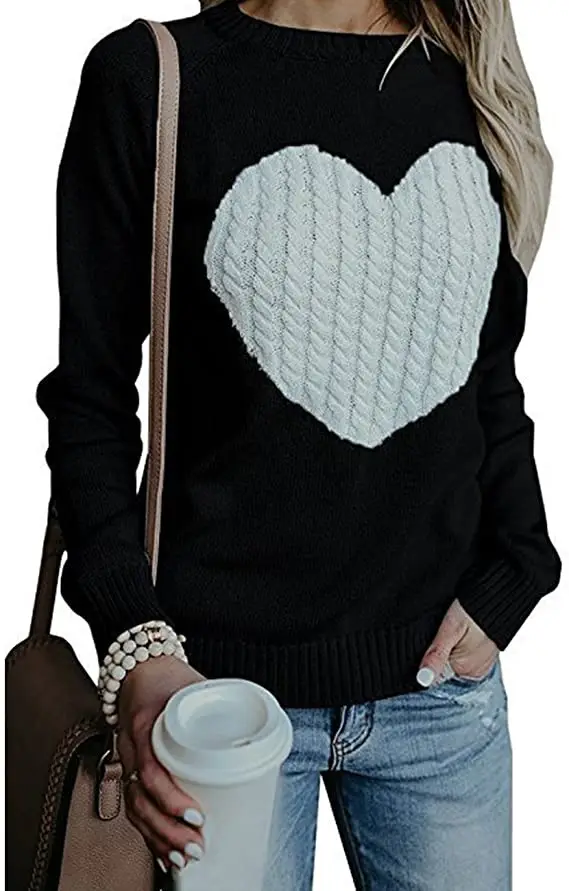 Women Heart Knitted Pullover Sweater Black Long Sleeve — feature 7