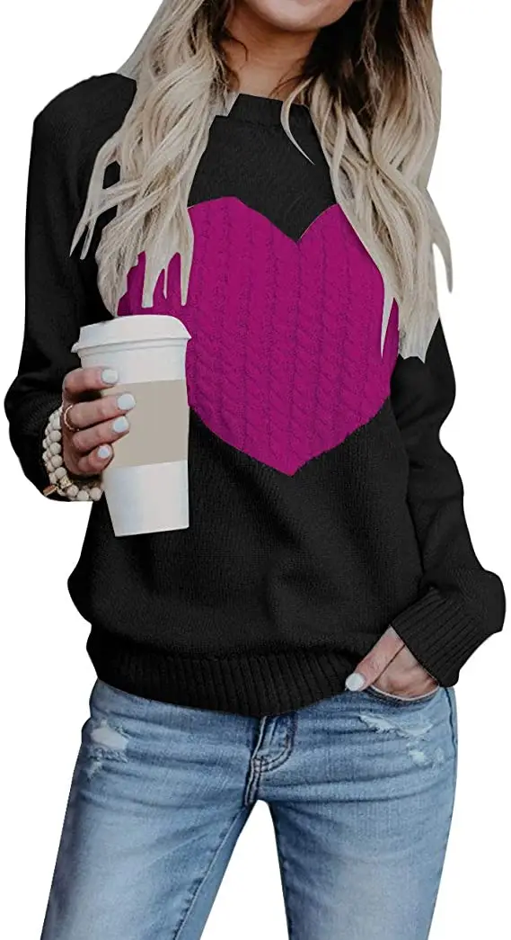 Women Heart Knitted Pullover Sweater Black Long Sleeve — feature 9