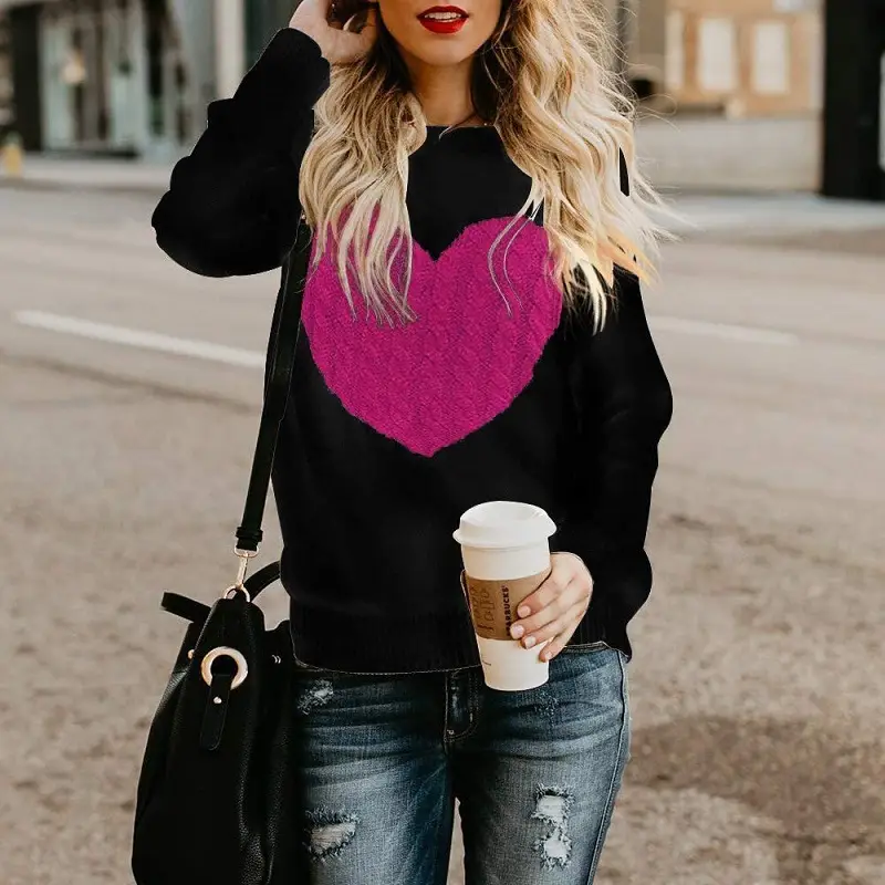 Women Heart Knitted Pullover Sweater Black Long Sleeve - Image 5