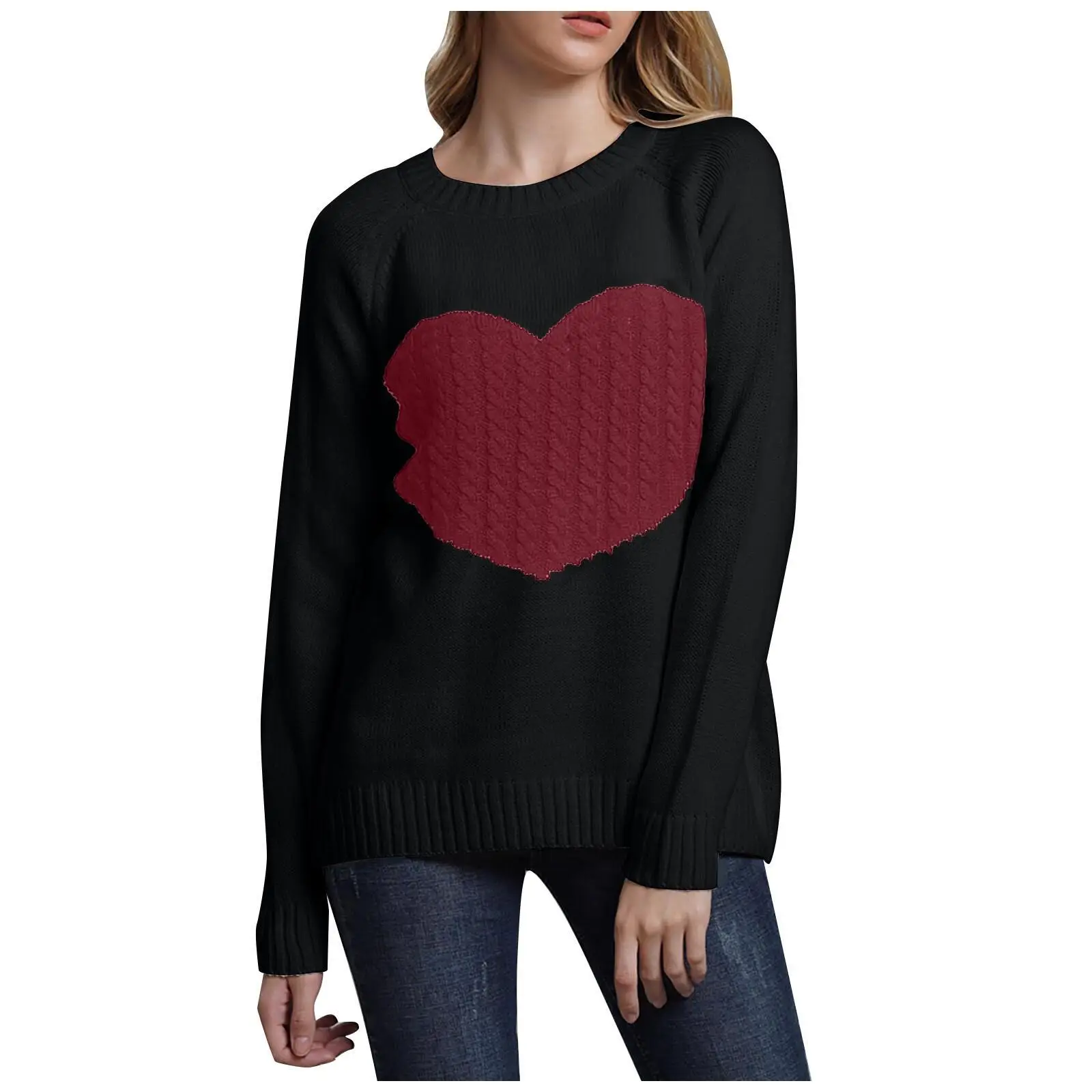 Women Heart Knitted Pullover Sweater Black Long Sleeve - Image 6
