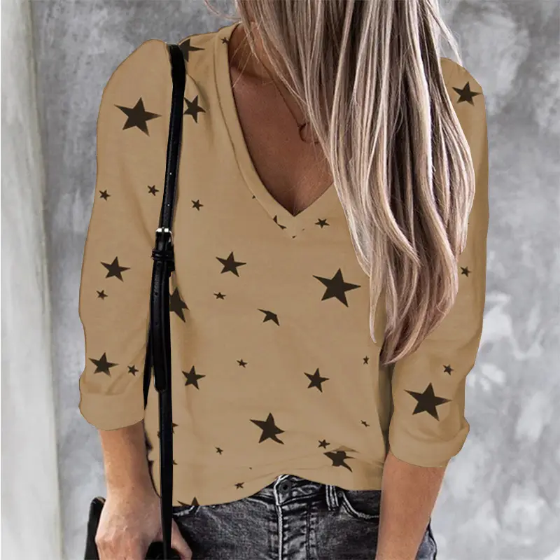Women Star Print V Neck Long Sleeve T-Shirt White - Image 3