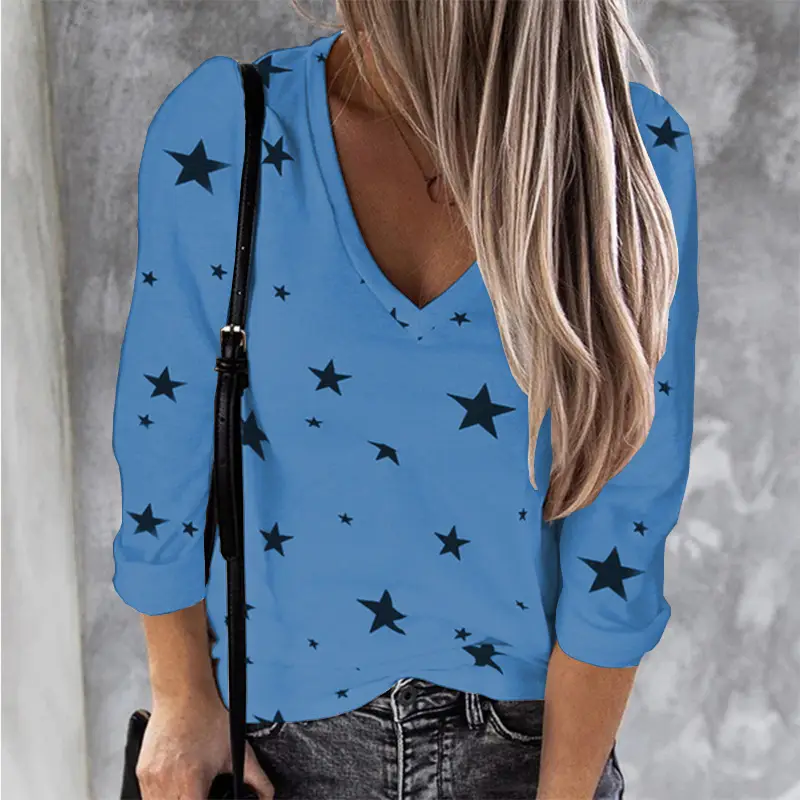 Women Star Print V Neck Long Sleeve T-Shirt White - Image 5