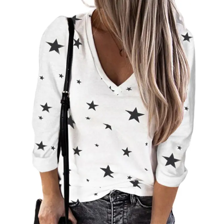 Women Star Print V Neck Long Sleeve T-Shirt White - Image 7