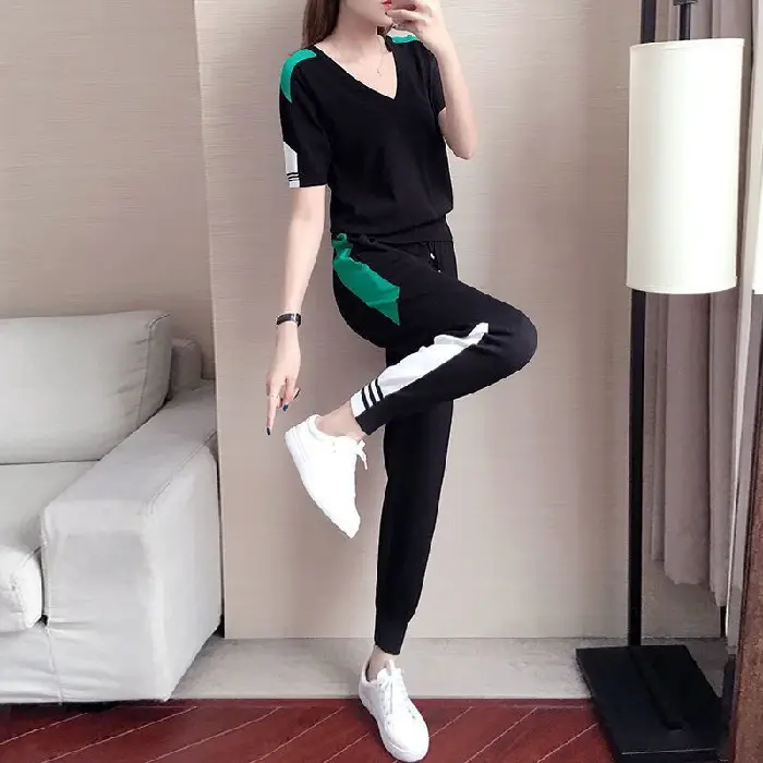 Women's 2-Piece Sports Suit Black Green V-Neck Ankle Pants - Image 5