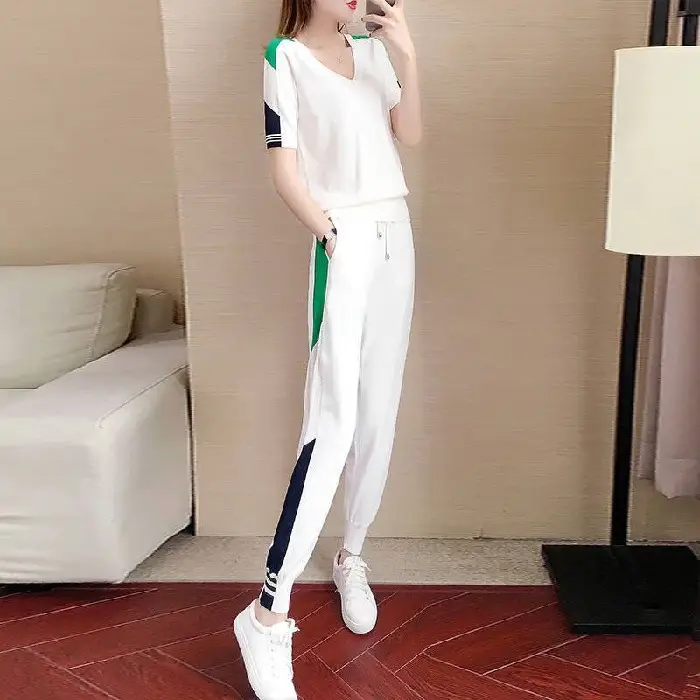 Women's 2-Piece Sports Suit Black Green V-Neck Ankle Pants - Image 6