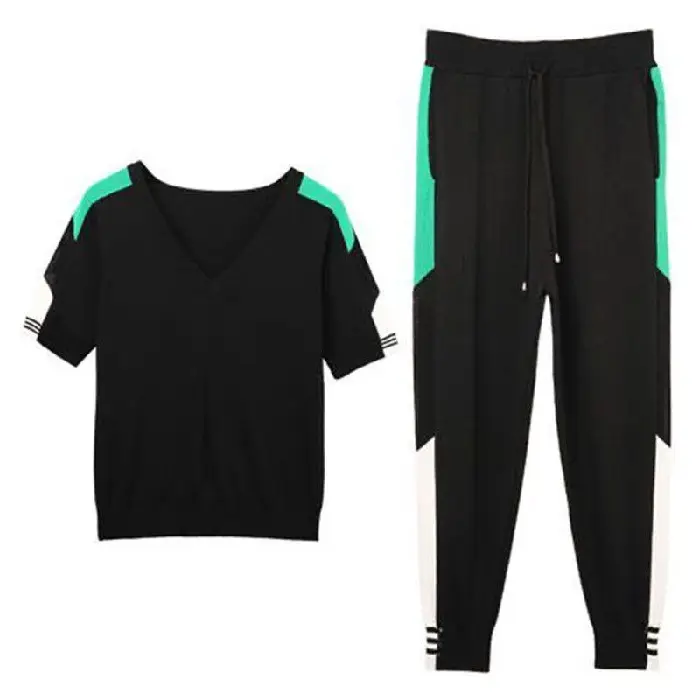 Women's 2-Piece Sports Suit Black Green V-Neck Ankle Pants - Image 7
