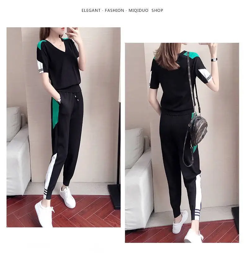 Women's 2-Piece Sports Suit Black Green V-Neck Ankle Pants — feature 10